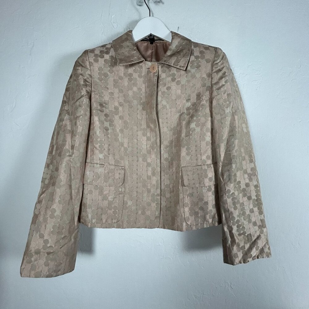 Linda Allard Ellen Tracy Womens Jacquard Dot Print Silk Blazer Sz 8 Lined Beige